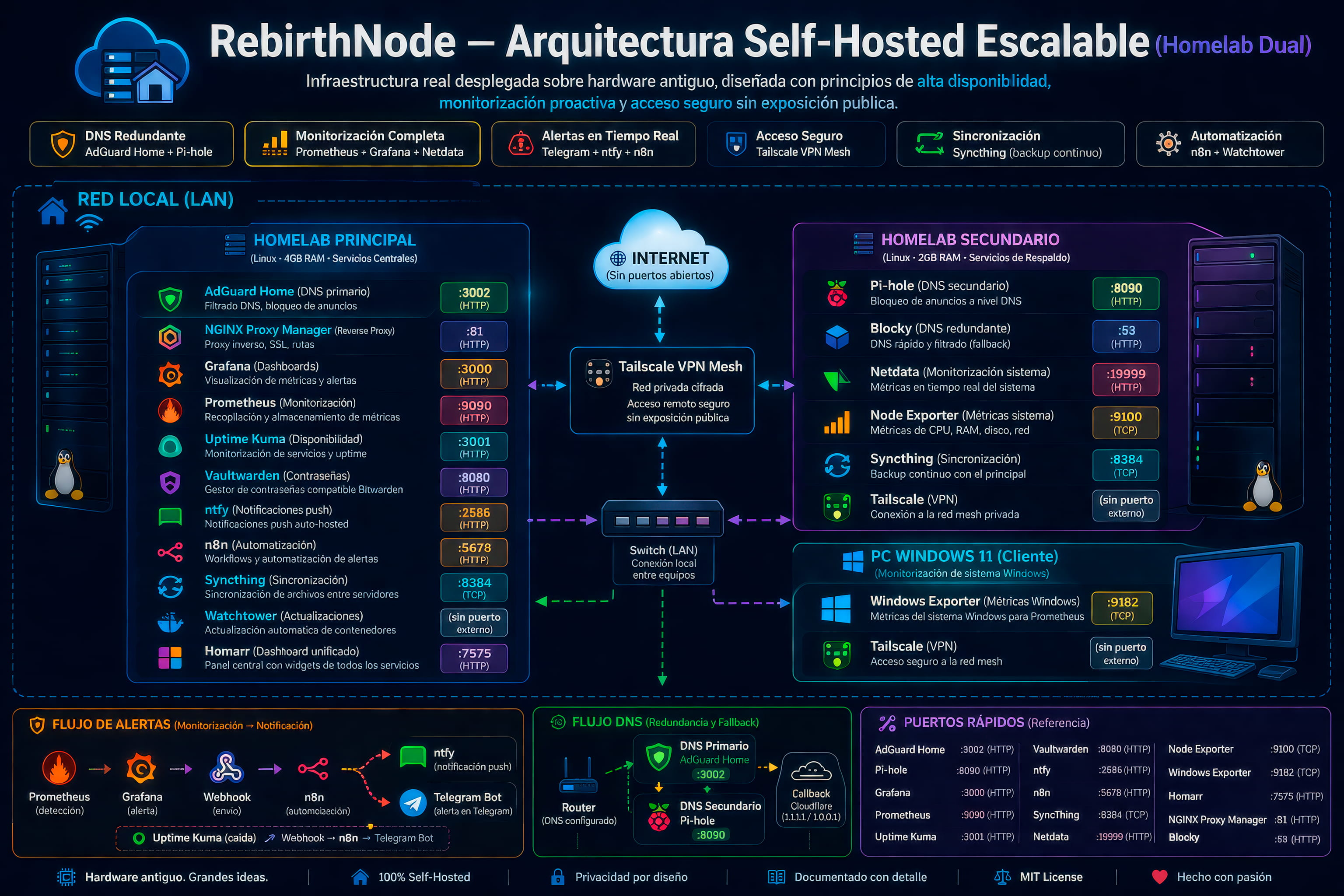 Diagrama de arquitectura RebirthNode — Homelab Dual: homelabES + hlia + Windows 11 + Tailscale VPN mesh